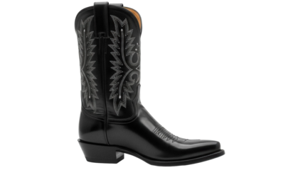 Elegant black leather cowboy boot isolated PNG, classic western footwear for fashion and style on transparent background