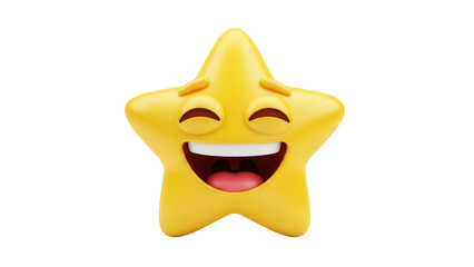 Laughing star emoji PNG isolated on transparent background, cheerful yellow cartoon character for social media and digital communication