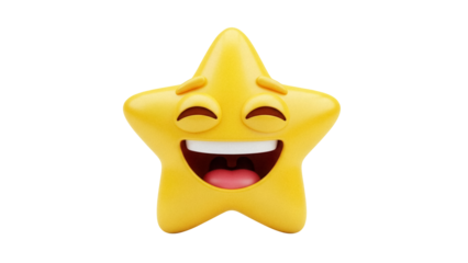 Laughing star emoji PNG isolated on transparent background, cheerful yellow cartoon character for social media and digital communication