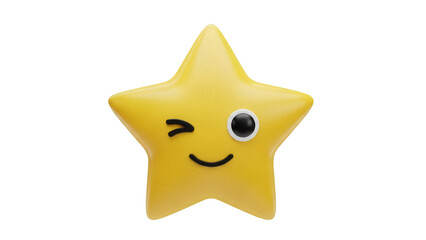 Yellow star emoji PNG isolated on transparent background, cute cartoon character with winking face for social media and design use