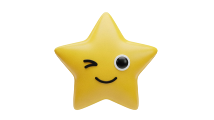 Yellow star emoji PNG isolated on transparent background, cute cartoon character with winking face for social media and design use