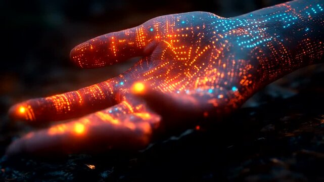Glowing circuitry patterns illuminate an outstretched hand