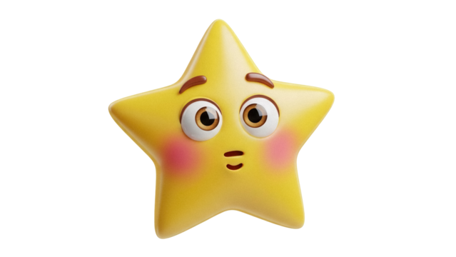Confused yellow star cartoon character PNG isolated on transparent background, cute emoji with surprised expression for graphic design - Powered by Adobe