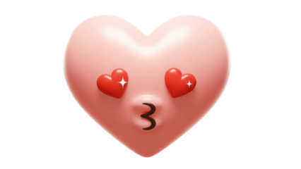 Pink heart emoji with kissing face isolated PNG, cute emoticon with hearts for eyes on transparent background, love and romance concept