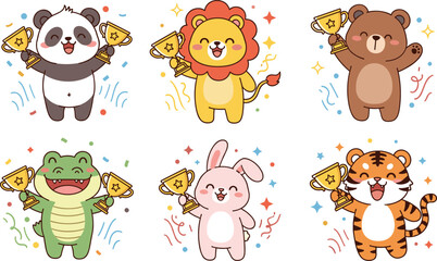 Cute animal winners character set holding golden trophies with panda, lion, bear, crocodile, bunny and tiger for kids celebration design