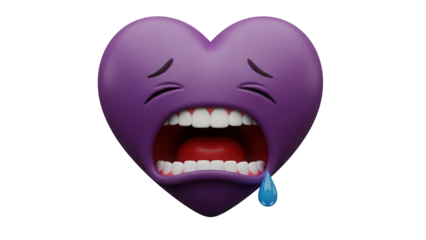 Purple heart crying emoji PNG isolated on transparent background, sad love symbol with teardrop for social media and graphic design