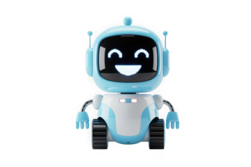 Friendly blue and white robot with happy pixel face, ai technology.