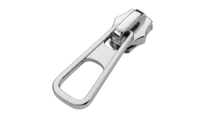 Silver metal zipper slider isolated PNG, clothing accessory for fashion design and garment making on transparent background