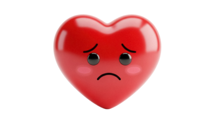 Sad red heart with downturned mouth isolated PNG, cartoon emoji with unhappy expression for social media and Valentine s Day design