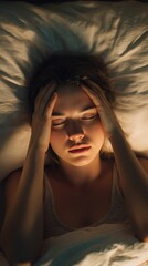 Young woman lying in bed, suffering from headache or insomnia. Concept of sleep disorder. Worried sleepy girl, dark room, unable to sleep. Stress concept. Sleeplessness problems. Vertical view.
