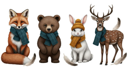 Isolated illustration of a fox, bear, rabbit, and deer wearing winter scarves and hats