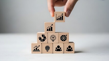 Building success with strategic growth wooden blocks representing business analytics targets and team collaboration high quality
