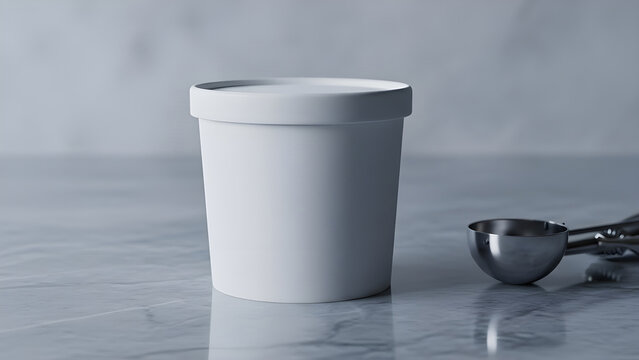 A plain white paper cup sits on a marble surface next to an ice cream scoop