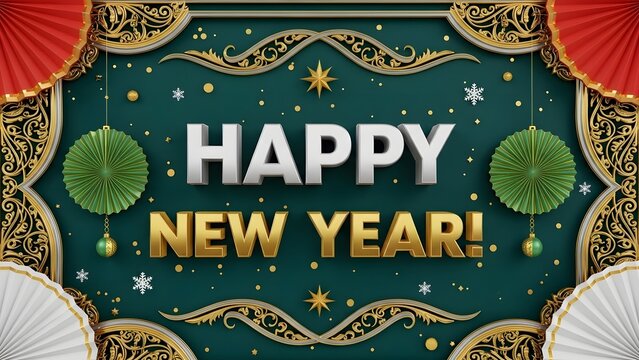 Happy new year greeting card design with ornate gold frame, green background, festive decorations, and hanging ornaments, 123 chars - Powered by Adobe