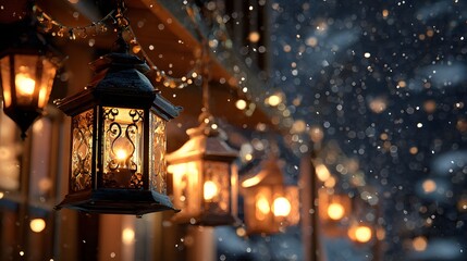 Christmas lantern glowing on city street at night with festive lights and decorations