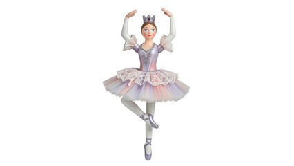 Isolated ballerina doll in ballet pose wearing a crown and a sparkly tutu, toy for children