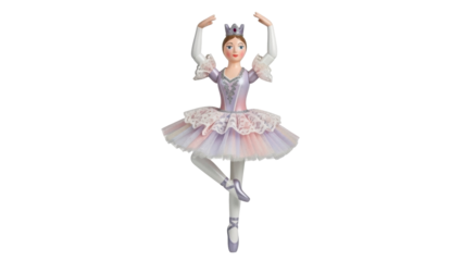 Isolated ballerina doll in ballet pose wearing a crown and a sparkly tutu, toy for children