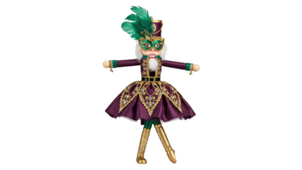 Isolated Nutcracker doll in festive Mardi Gras costume with feathers, mask, and purple skirt