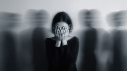 Young woman hands covering face, surrounded by blurred, ghostly figures. Concept of social phobia, anxiety, fear, or mental health illness. Panic attack among people crowd. Despair depression issue.