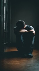 Solitary alone sad man sitting on floor in darkness. Concept of depression, sadness, and emotional pain. Mental health awareness and support. Social phobia, anxiety, fear, illness. Panic attack issue.