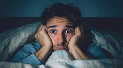 Handsome tired man experiencing insomnia in bed. Worried sleepy guy in the dark room with wide open eyes unable to sleep. Sleep disorder and stress concept. Sleeplessness problems.