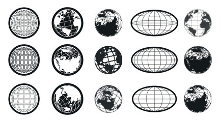 Naklejka na ściany i meble Y2k globe icon set with world maps in monochrome vector style. Earth planet symbols, distorted halftone spheres and geometric grid projections for retro logo design or navigation interfaces.