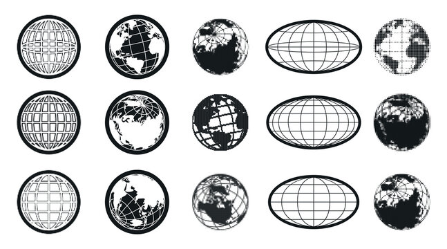 Y2k globe icon set with world maps in monochrome vector style. Earth planet symbols, distorted halftone spheres and geometric grid projections for retro logo design or navigation interfaces.
