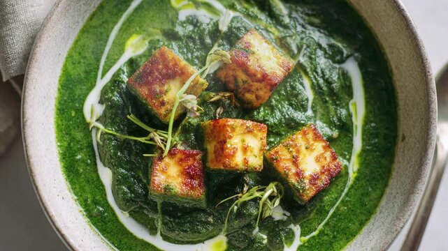 Palak paneer indian dish with cream swirl in rustic bowl, close up