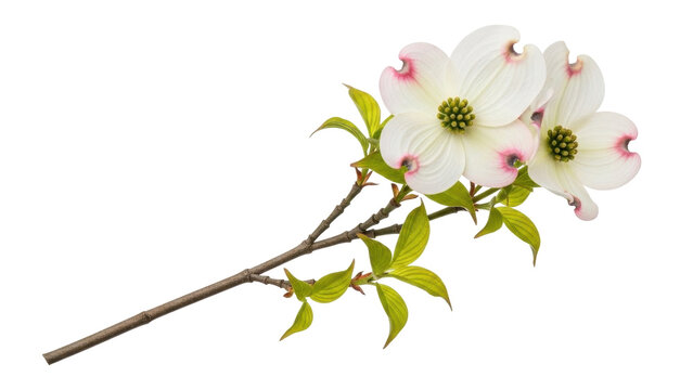 Isolated Flowering Dogwood Branch with Green Leaves, Pink Highlights, and Brown Stem Beautiful