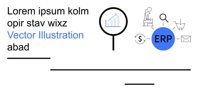 Business management, workflow optimization, financial analytics, enterprise planning, data analysis, software processes. Graph icon with ERP text and relevant symbols. Business management