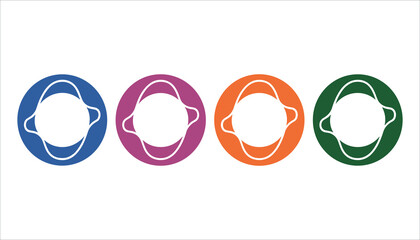 Four abstract circular shapes in blue purple orange and green with white outlines circle