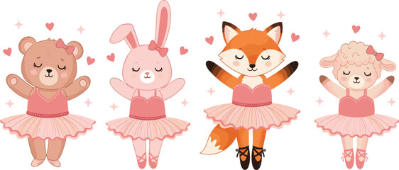 Cute ballerina animal characters set with bear, bunny, fox and lamb in ballet tutu for kids illustration © Sanjida