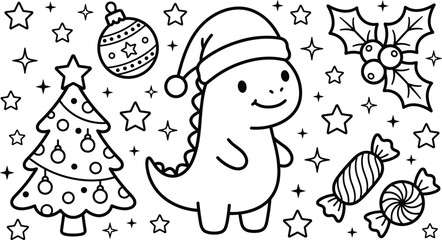 Cute Dinosaur Wearing Santa Hat with Christmas Decorations Keywords: dinosaur, christmas, santa hat, tree, ornament, candy, holly