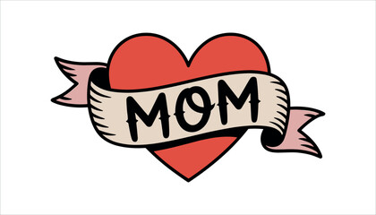 Red heart with a banner across it saying M O M in black lettering with pink ribbon accents mother love