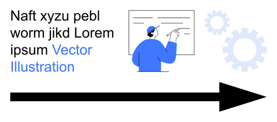 Business strategy, teamwork, innovation, process planning, training, educational tools. A man pointing at a board with gears and an arrow. Business strategy and teamwork concepts