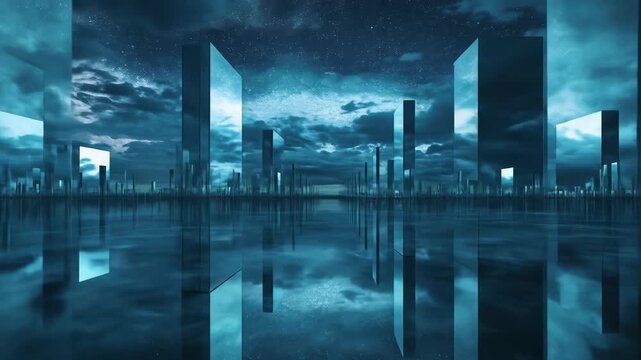 Abstract futuristic city reflection with mirroring pillars and cloudy sky