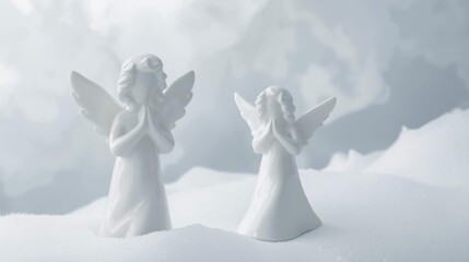 minimal white angel figurine, smooth porcelain, dreamy cold-white background