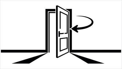 Black and white graphic of an open door with an arrow indicating direction of opening vector