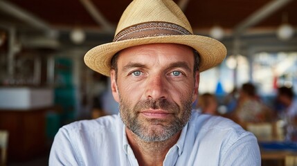 Man wearing straw hat and glasses, sitting at restaurant table.