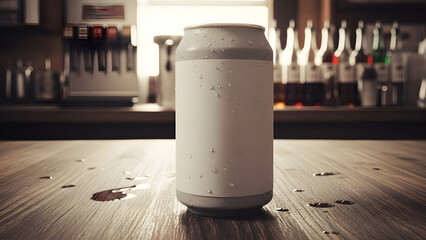 Blank white beverage can stands prominently on a wooden bar surface with subtle water droplets