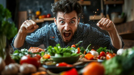Caucasian man with beard in plaid shirt screaming with wide-open mouth and clenched fists, food particles flying, in kitchen with fresh vegetables. Dramatic culinary experience