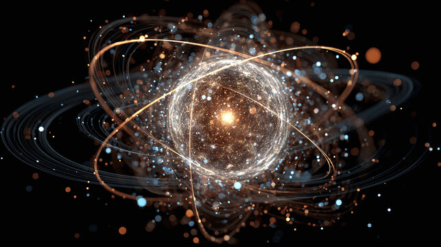An atom and its orbiting particles depicted against a dark backdrop, creating a visually dynamic scene