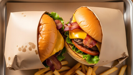 Juicy bacon cheeseburger with fresh lettuce and tomatoes served with golden french fries