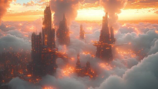 Futuristic cityscape above clouds at sunset glow - Powered by Adobe