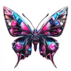Striking of a robotic butterfly with iridescent metallic wings in a vibrant neon pink and chrome color scheme capturing a futuristic cyberpunk inspired  cyber dream  aesthetic