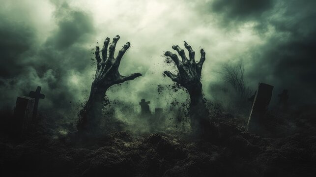 Eerie Graveyard Scene with Emerging Zombie Hands Surrounded by Misty Atmosphere and Dark Clouds Above Spooky Tombstones and Creepy Shadows