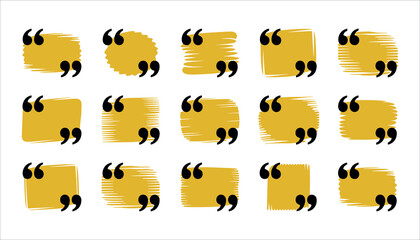 Collection of fifteen yellow quote boxes with black quotation marks and textured brush stroke backgrounds