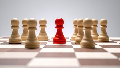 Red Chess Pawn Standing Out Among Many White Pawns on a Chessboard