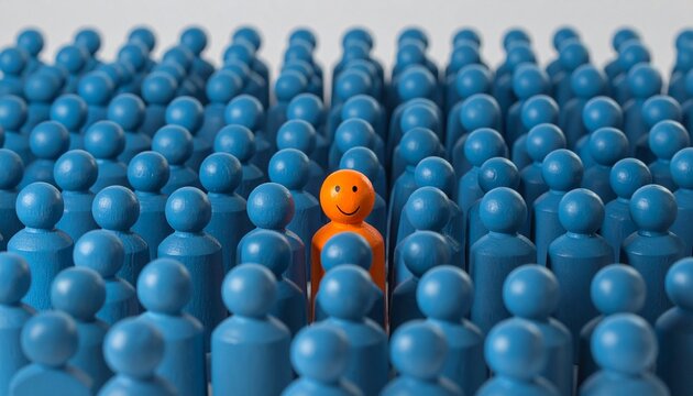 Orange Standout Person in a Crowd of Blue Figures Representing Uniqueness and Differentiation