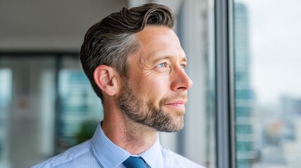 Man in suit looking out window.